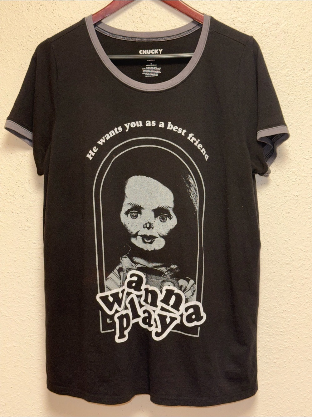Chucky 'Wanna Play' Graphic Ringer Tee - Black with Gray Trim